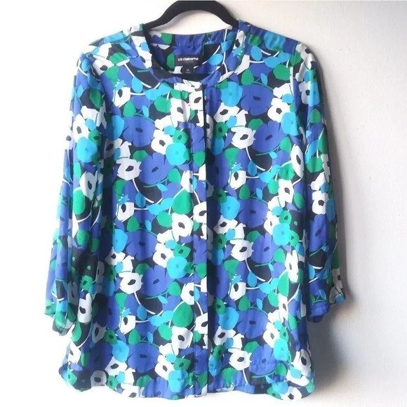 LIZ CLAIBORNE CAREER FLORAL BLOUSE - BLUE - Picture 5 of 5